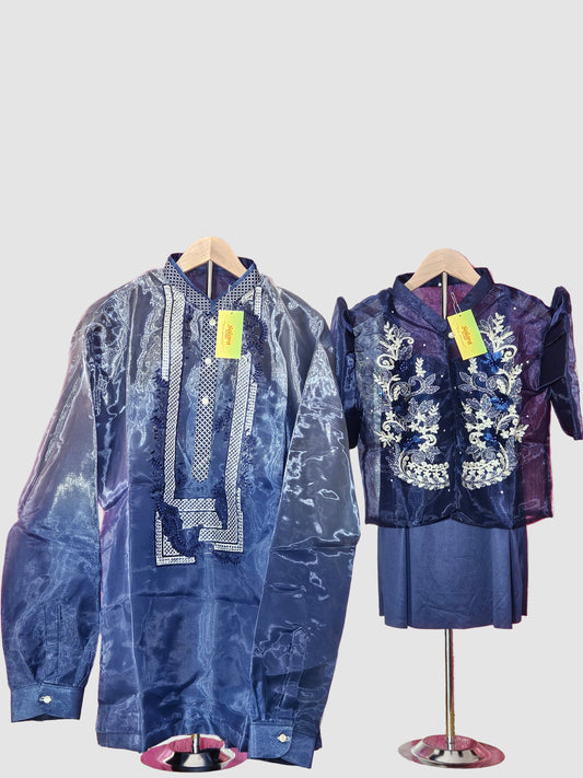 Navy Blue Long Sleeved Barong Tagalog - Design 1