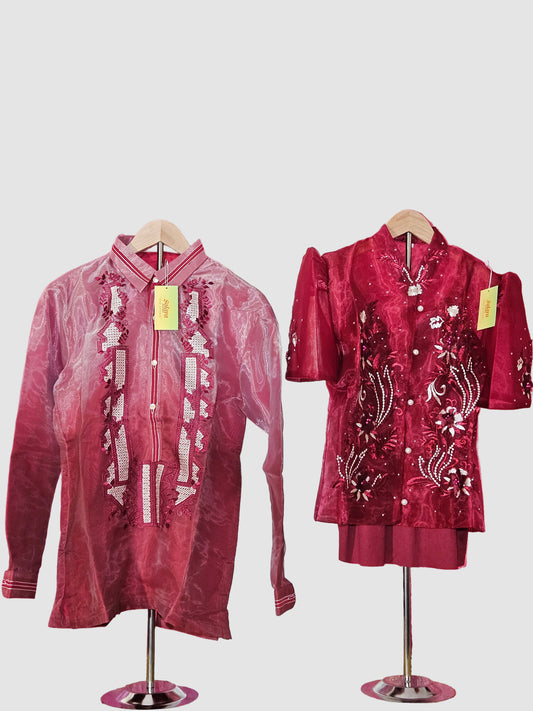 Red Long Sleeved Barong Tagalog - Design 1