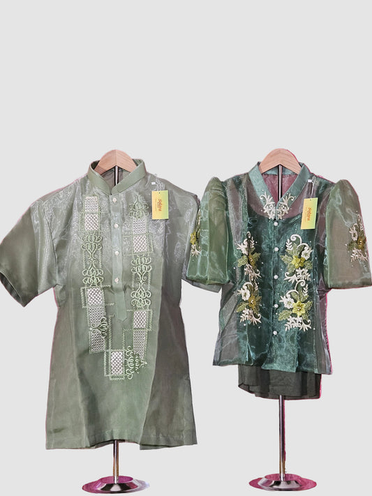 Green Short Sleeved Barong Tagalog