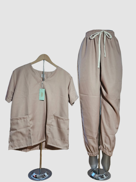 Plain Scrub Suit with V-shaped Neckline - For Men