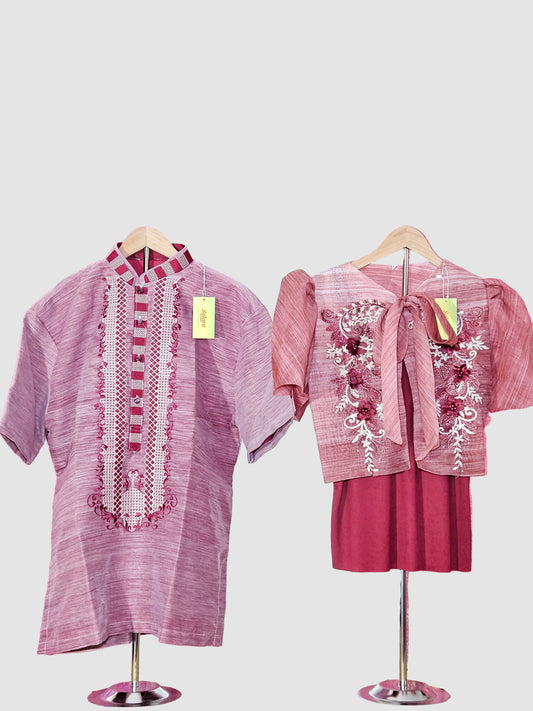 Red Short Sleeved Barong Tagalog - Design 2