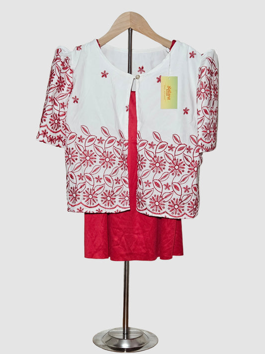 Bolero with Floral Embroidery - Red and White